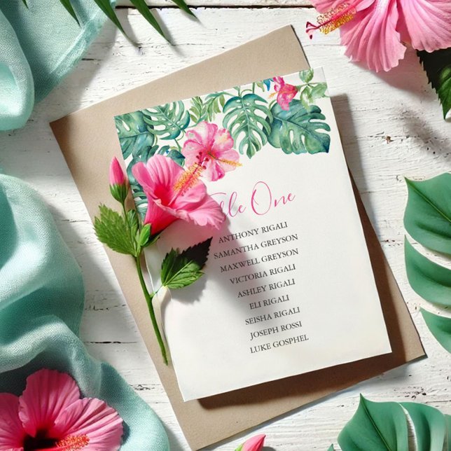 Invitación Tabla de asientos de Bodas tropicales, plan de tab (Destination weddings seating chart card tropical pink hibiscus flowers art by Victoria Grigaliunas)