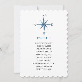 Invitación Tabla de asientos de brújula azul. Plan boda náuti