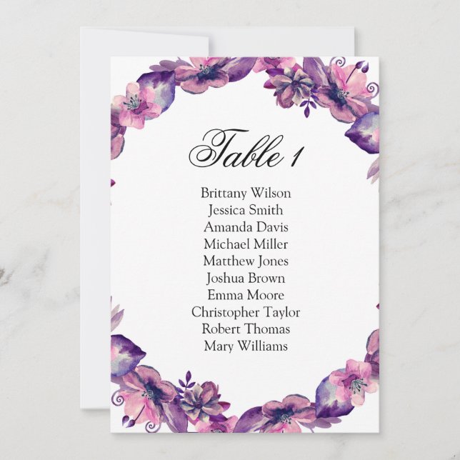 Invitación Tabla de asientos de flores moradas. plan de tabla (Anverso)