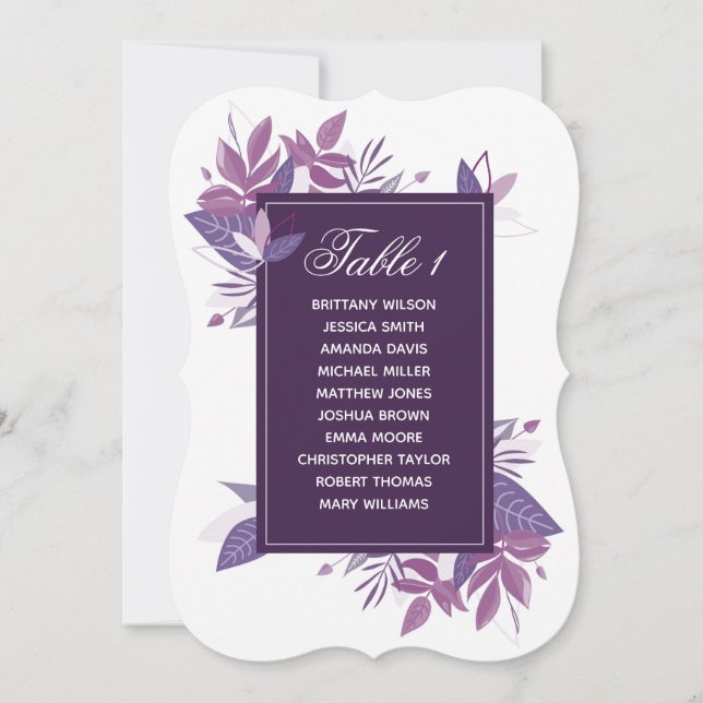 Invitación Tabla de asientos de hojas moradas. Plan de boda d (Anverso)