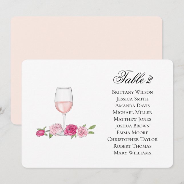 Invitación Tabla de asientos de los rosas. Copa de vino. Boda (Anverso / Reverso)