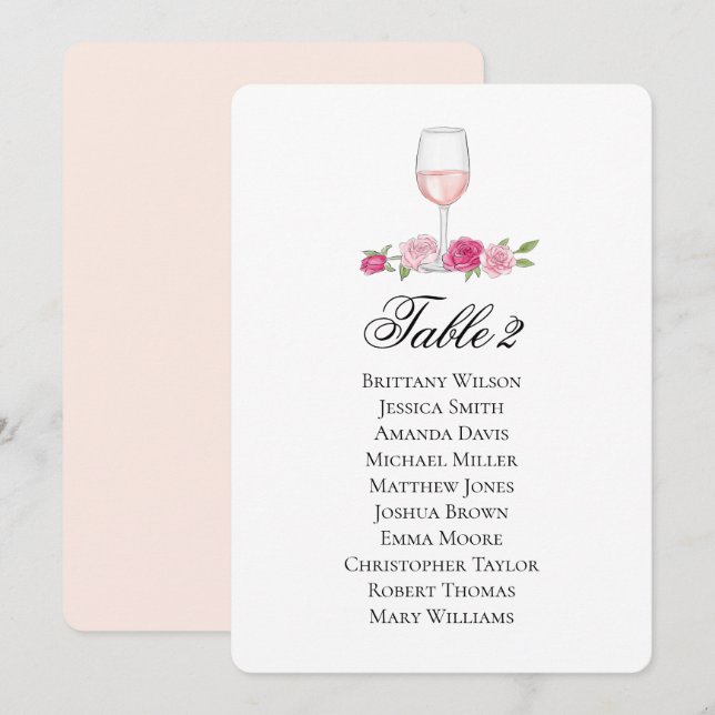 Invitación Tabla de asientos de los rosas. Copa de vino. Boda (Anverso / Reverso)