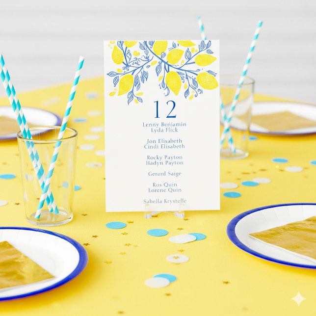 Invitación Tabla de asientos de vinagre de limón azul y amari (Bright and colorful, yellow lemons, blue vines table number name chart card.)