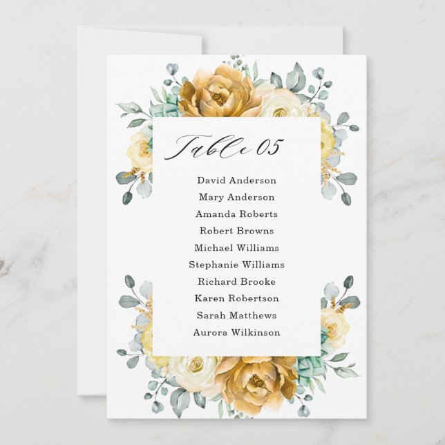 Invitación Tabla de asientos del Boda del sabio floral amaril (Anverso)