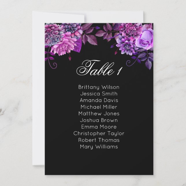 Invitación Tabla de asientos florales morado. Plan boda negro (Anverso)