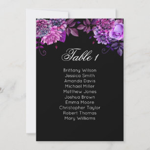 Invitación Tabla de asientos florales morado. Plan boda negro