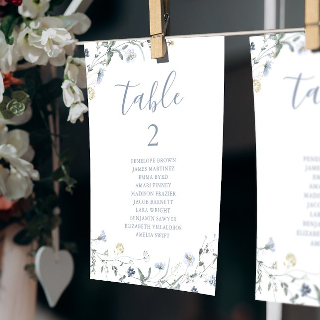 Invitación Tabla de asientos número de la tabla Blue Boho Wil (Blue Boho Wildflower table number seating chart)