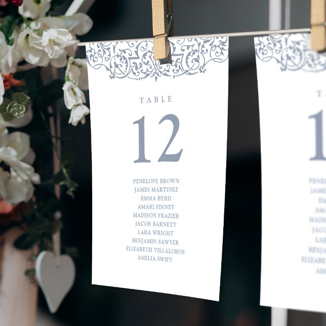 Invitación Tabla de asientos numero de tabla de cosecha azul  (Dusty Blue Vintage Table Number Seating Chart)