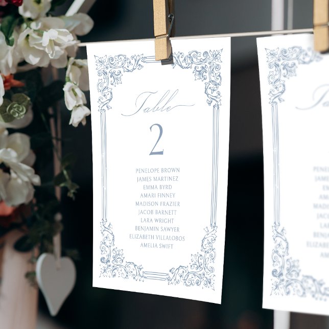 Invitación Tabla de asientos numero de tabla de cosecha azul  (Dusty Blue Vintage Table Number Seating Chart)