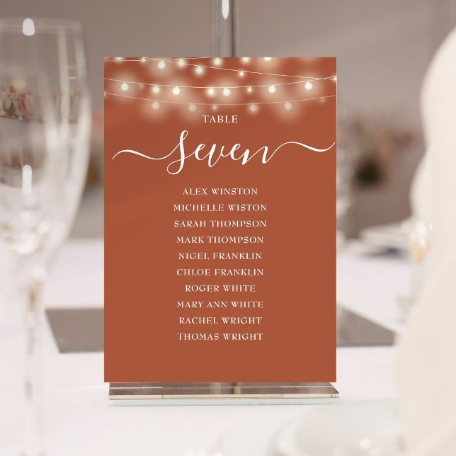 Invitación Tabla de asientos número de tabla de luz de cadena (Terracotta String Light Table Number Seating Chart)