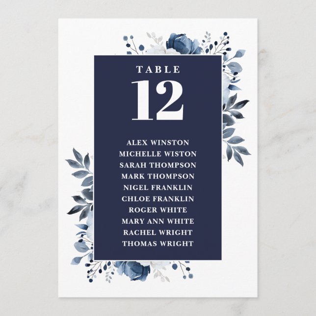 Invitación Tabla de asientos número de tabla floral azul de l (Anverso)