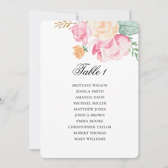 Invitación Tabla de asientos rosa y melocotón. Plan de boda f (Anverso)