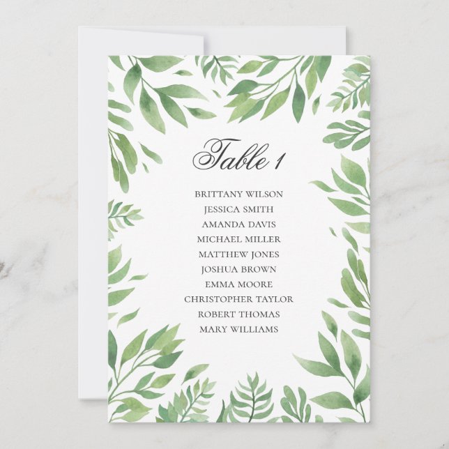 Invitación Tabla de asientos verde boda de verano. Botánico (Anverso)