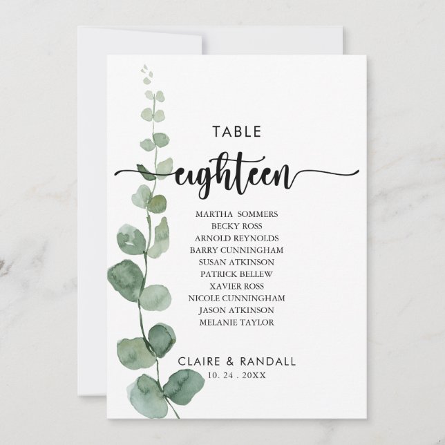 Invitación Tabla de Eucalipto Verde Número de asiento 18 (Anverso)