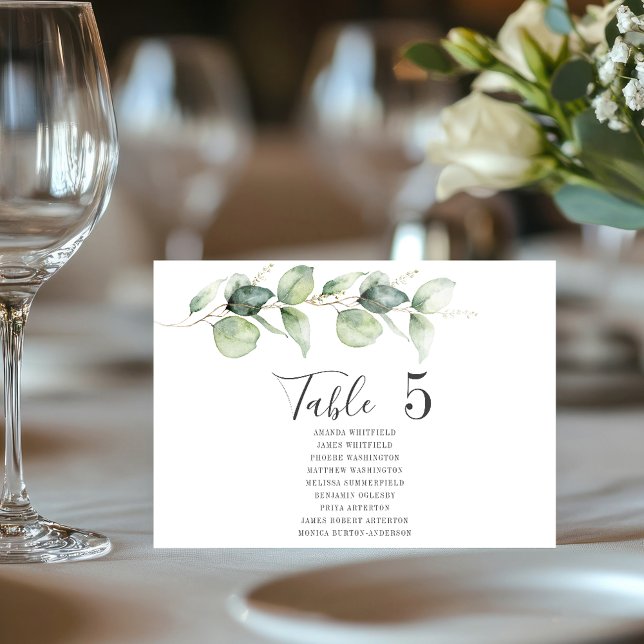 Invitación Tabla de Eucalyptus Número 5 Asientos Bodas (Eucalyptus Greenery Wedding Reception Script Table Number with Guest Names)