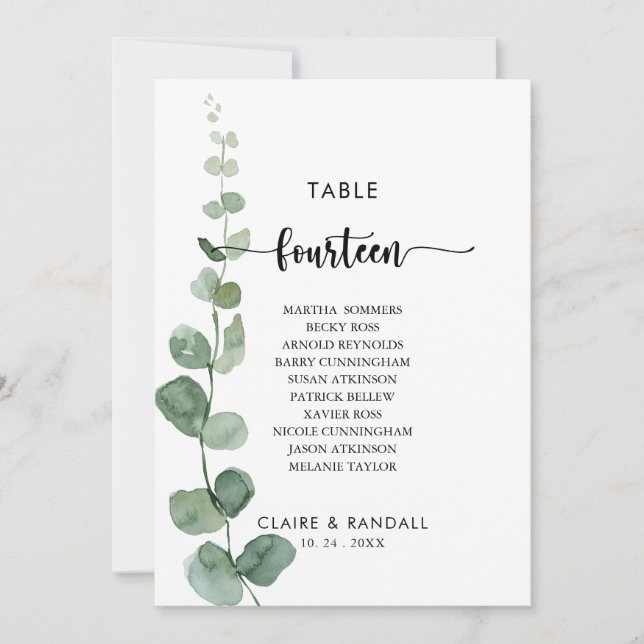 Invitación Tabla de Eucalyptus Verde Número de asiento 14 (Anverso)