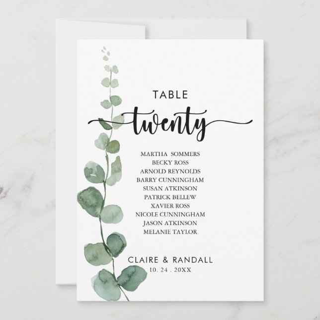 Invitación Tabla de Eucalyptus Verde Número de Asientos 20 (Anverso)