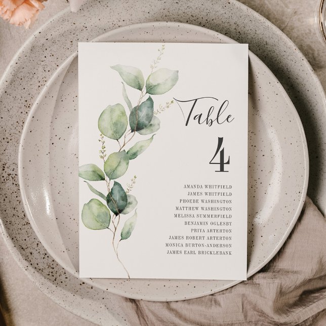 Invitación Tabla de hojas de eucalipto Número 4 Asientos Boda (Eucalyptus Script Wedding Table Number Card)