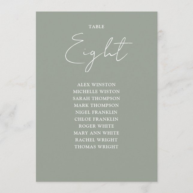 Invitación Tabla de número de asiento moderno en verde salvia (Anverso)