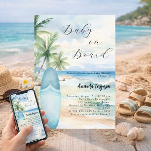 Invitación Tabla de surf Baby on Board azul niño playa Baby S