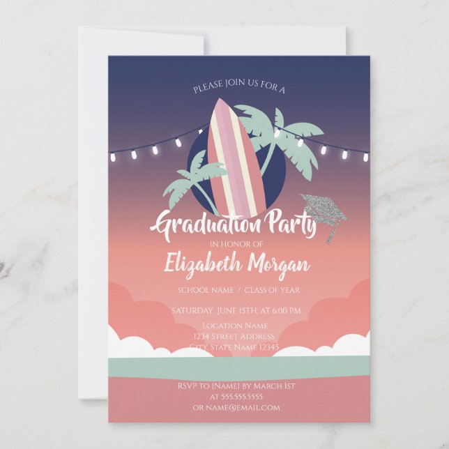 Invitación Tabla de surf Palms, Gorra de graduación con brill (Anverso)