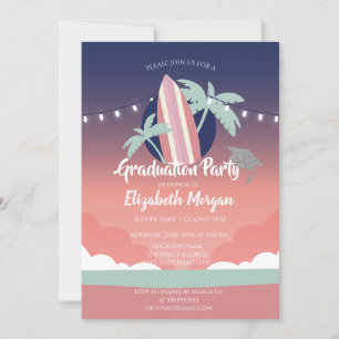 Invitación Tabla de surf Palms, Gorra de graduación con brill