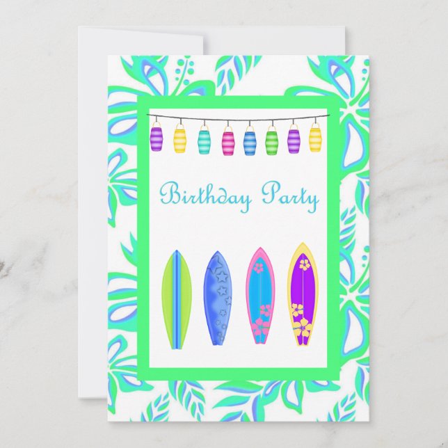 Invitación tabla de surf VERDE Hawaiian PARTY INVITATION (Anverso)