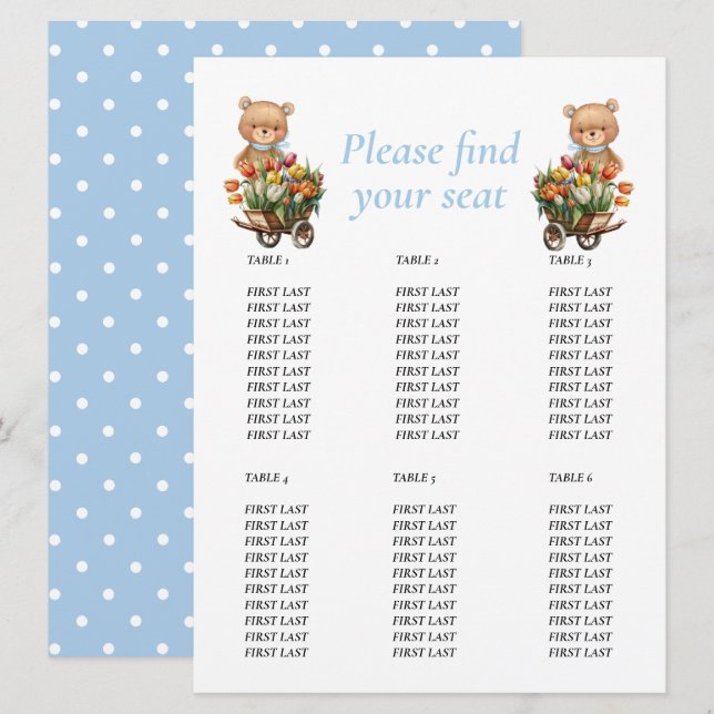 Invitación Tabla de tabla de Baby Shower Boy Teddy Floral Rus (Anverso / Reverso)