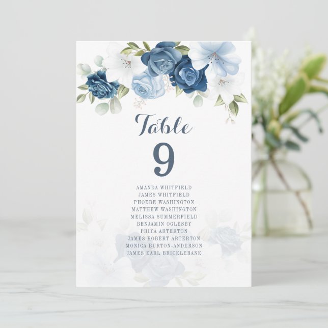 Invitación Tabla Floral Azul Dusty Número de asiento 9 (Anverso de pie)
