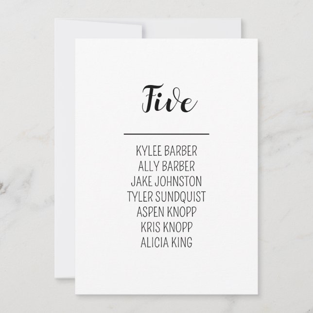 Invitación Tabla minimalista Número de asiento 5 (Anverso)