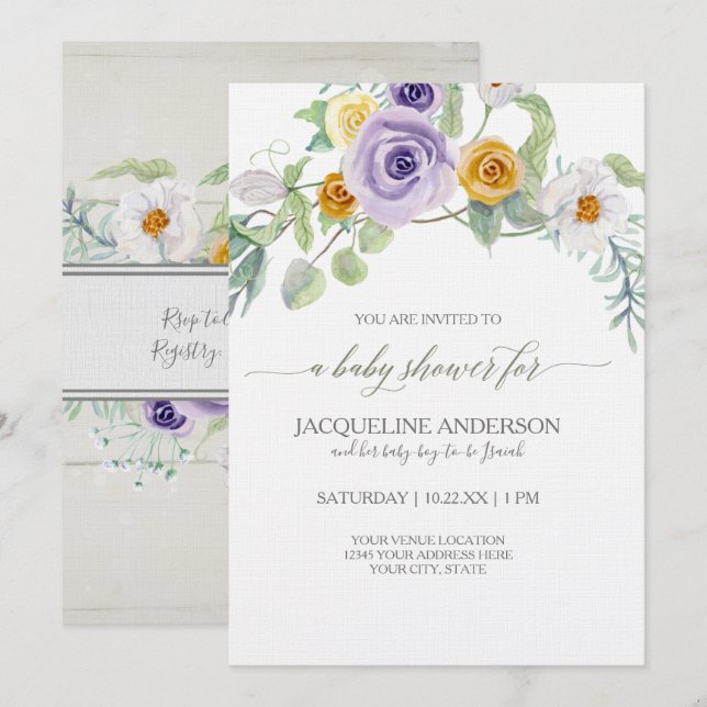 Invitación Tablas de madera para baby shower con flores de ro (Anverso / Reverso)