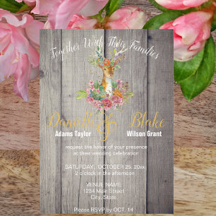 Invitación Tablas Rústicas, Cabeza de Ciervo Floral con Hojas