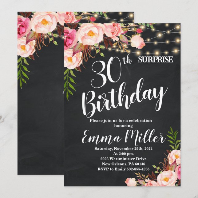 Invitación Tablero de canto de cumpleaños 30 Surprise Lights (Anverso / Reverso)