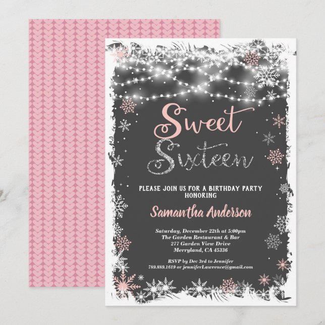 Invitación Tablero dulce de invierno 16 dieciséis copos de ni (Anverso / Reverso)