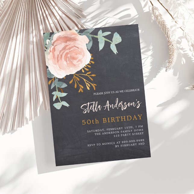 Invitación Tablero gris rosa oro florido cumpleaños de lujo (Subido por el creador)