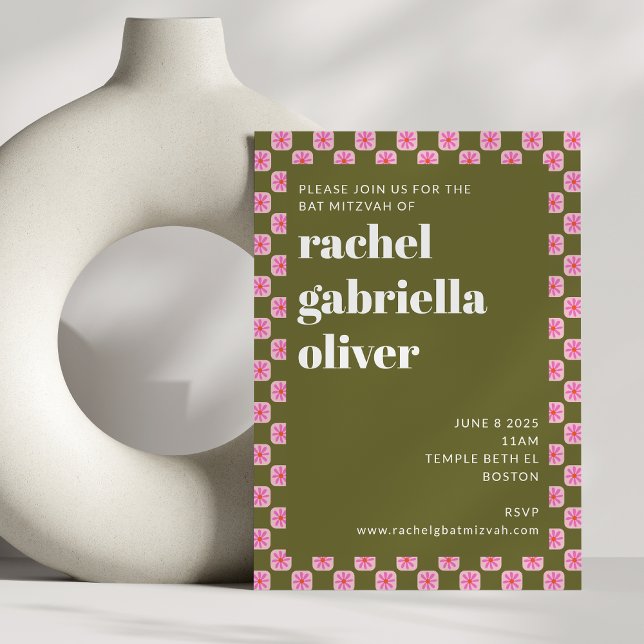 Invitación Tablero retro floral Tablero verde rosa Mitzvah (Subido por el creador)