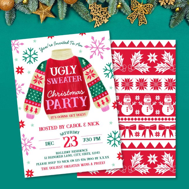 Invitación Tacky Festiloso Suéter Fiesta Rojo y Verde (Tacky Festive Ugly Sweater Party Red and Green Invitation)