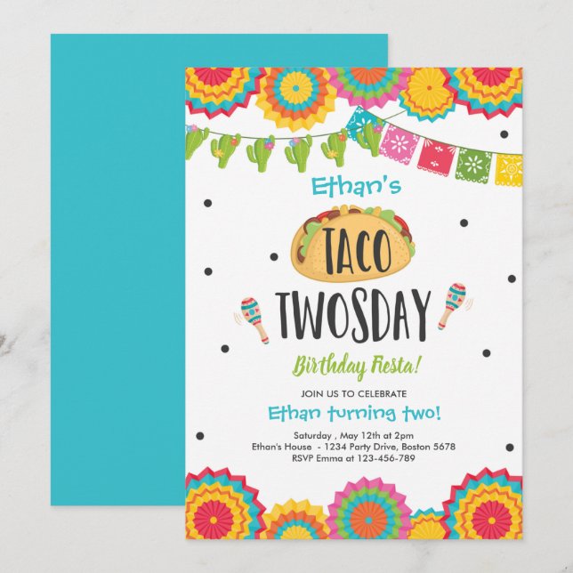 Invitación Taco 20 días Fiesta 2 cumpleaños Fiesta (Anverso / Reverso)