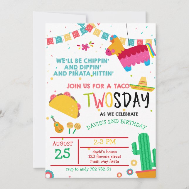 Invitación Taco 20 días Pinata Fiesta 2 cumpleaños (Anverso)
