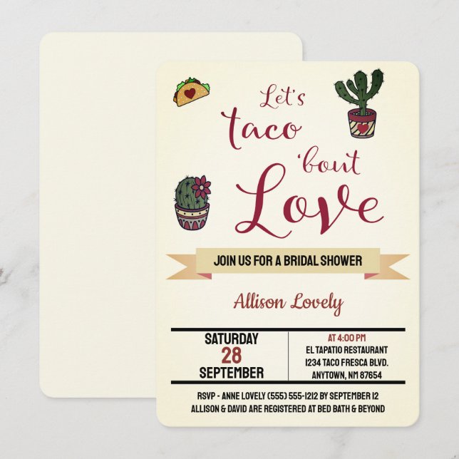 Invitación Taco 'acerca de amor Fiesta Tema ducha de novias (Anverso / Reverso)