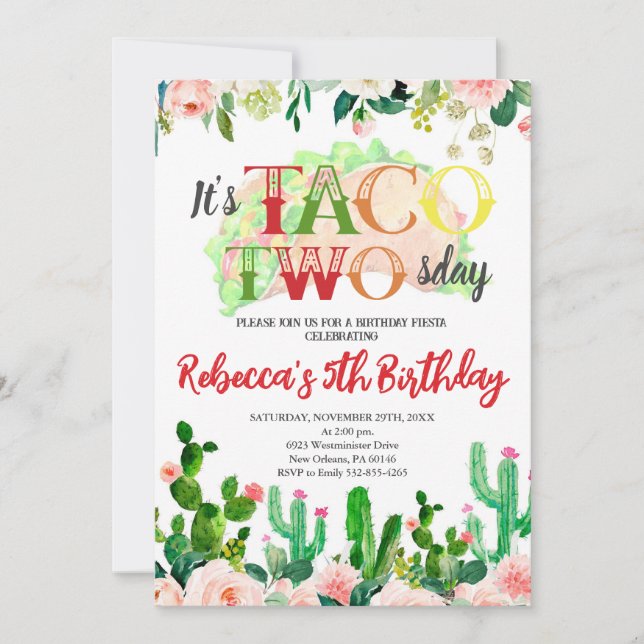 Invitación Taco acerca de un cumpleaños de Fiesta, segundo cu (Anverso)