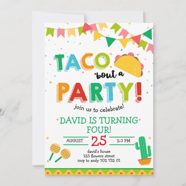 Invitación Taco 'acerca del cumpleaños del Fiesta Boy Fiesta (Anverso)