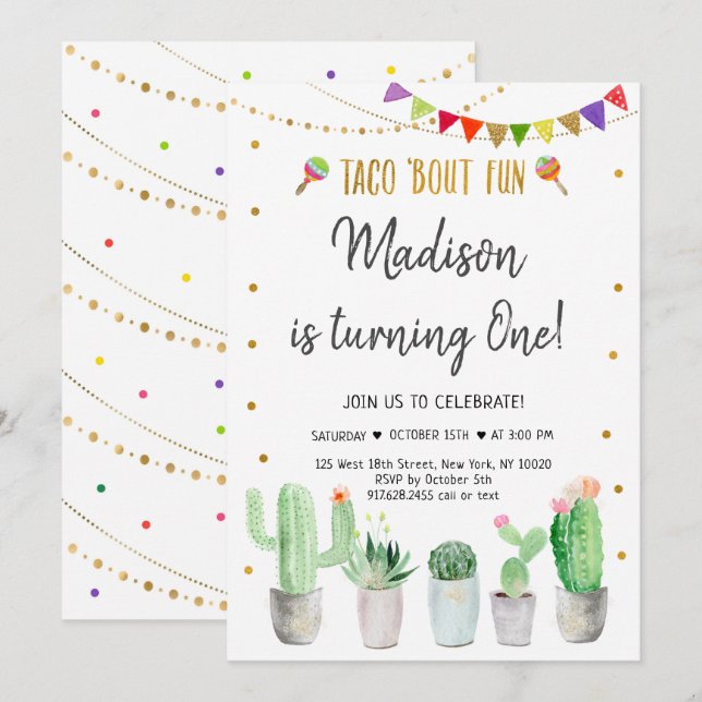 Invitación Taco 'Bout Fun Gold Fiesta Primer Cumpleaños (Anverso / Reverso)