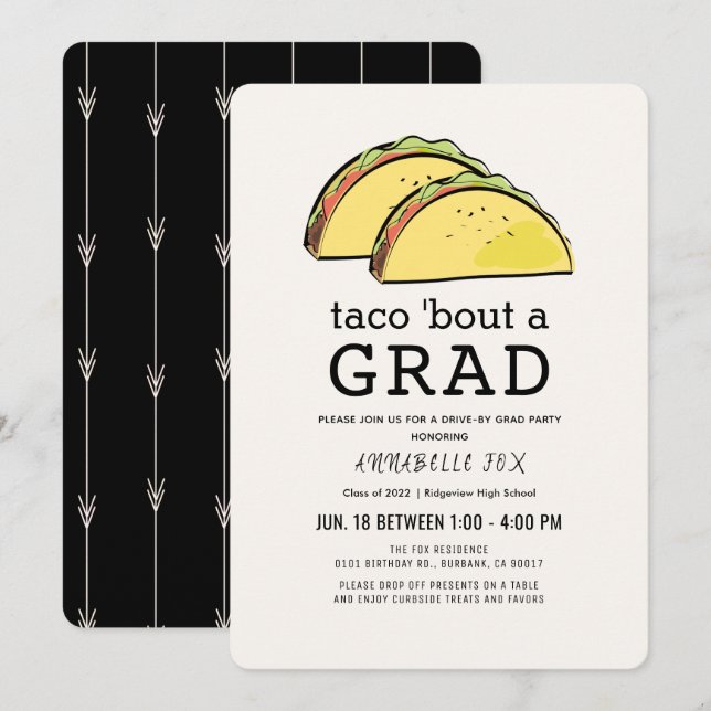 Invitación Taco Bout GRAD Black Drive-by Graduation Party (Anverso / Reverso)