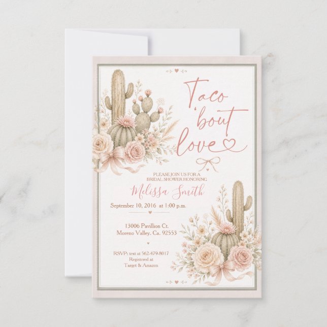 Invitación Taco Bout Love Despedida de Soltera Blush Cactus (Anverso)