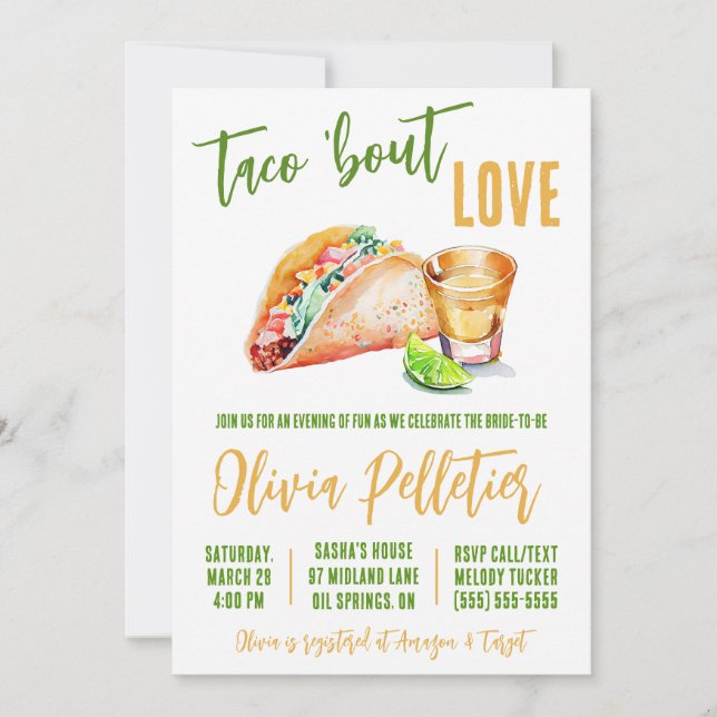 Invitación Taco 'Bout Love! Ducha nupcial de Tacos y Tequila (Anverso)