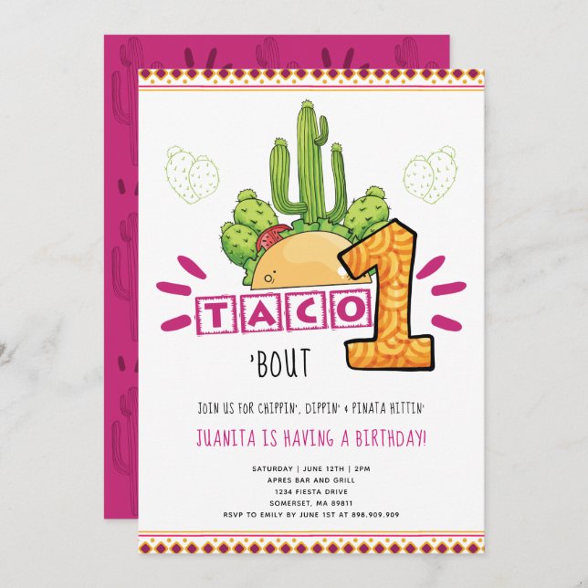 Invitación Taco Bout One | Primer cumpleaños Fiesta Rosa (Anverso / Reverso)