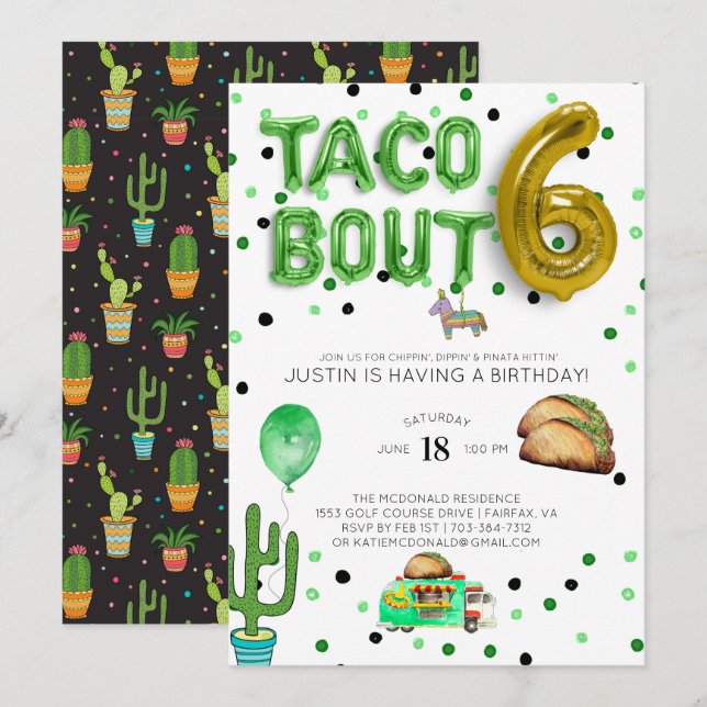 Invitación Taco Bout Six | Sexto cumpleaños (Anverso / Reverso)
