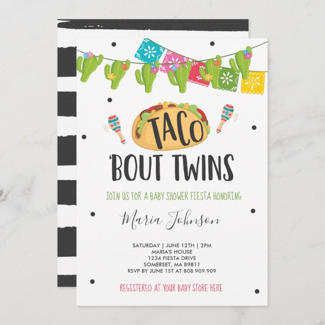 Invitación Taco 'Bout Twins Fiesta Baby Shower (Anverso / Reverso)