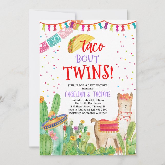 Invitación Taco Bout Twins Fiesta Llama Baby Shower mexicano (Anverso)
